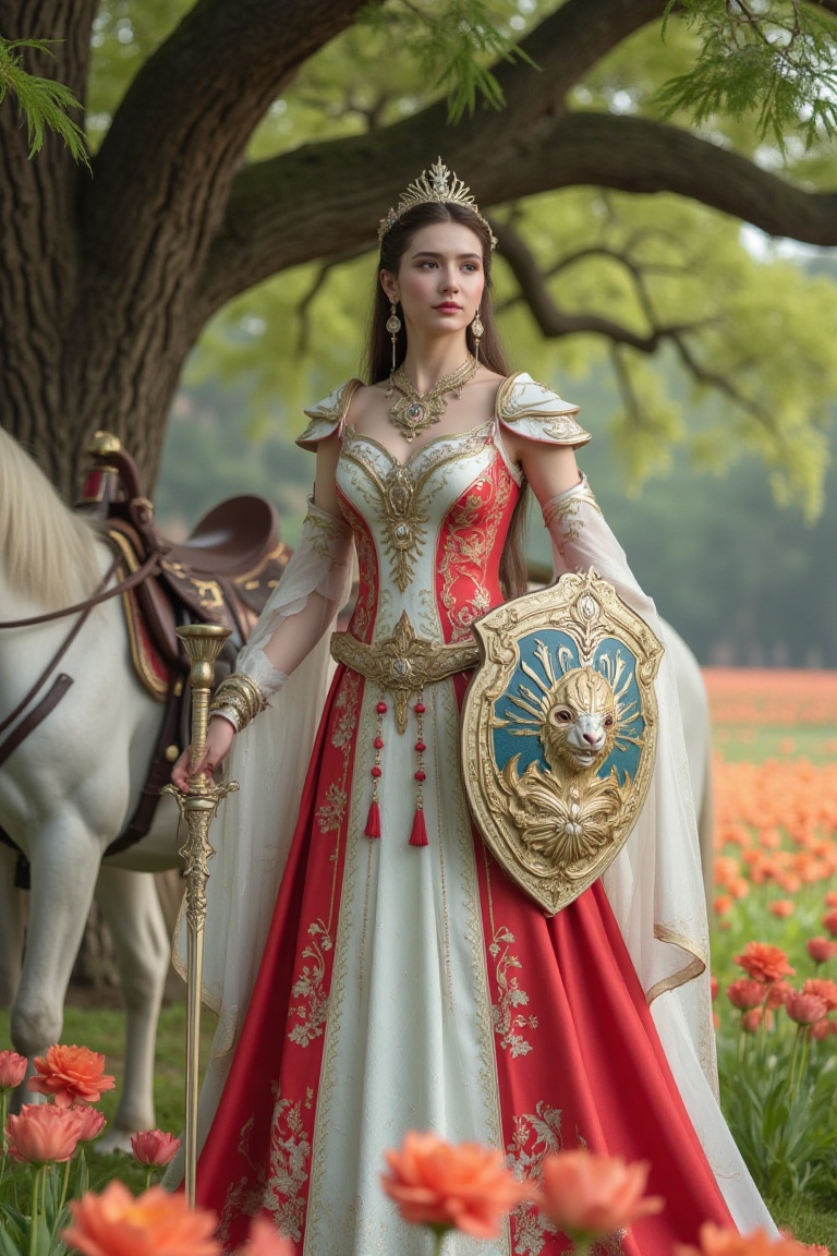 A regal princess stands shaded by a majestic tree,  her gaze serene amidst the vibrant blooms of a sun-kissed flower field...