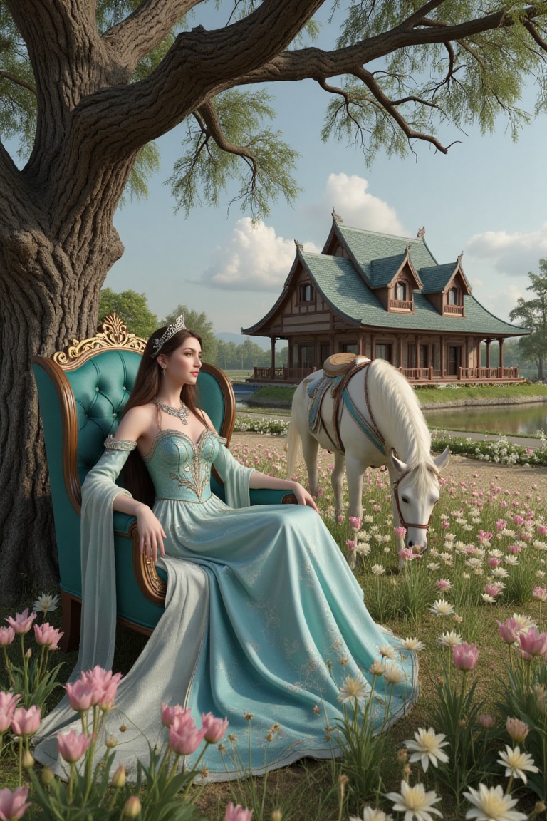 A regal princess sits majestically on a plush,  velvet-cushioned wing chair,  shaded by the sprawling branches of an ancie...