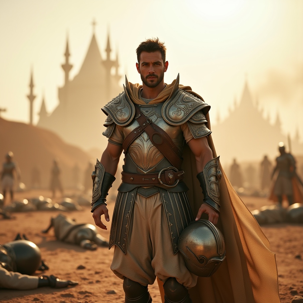 A weary warrior stands victorious on a sun-scorched battlefield,  sweat-drenched armor glistening in the fading light of d...