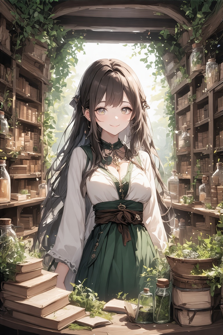 Within the whimsical realm of an anime style,  fantasy themed herbalist shop,  a serene herbalist stands amidst shelves st...