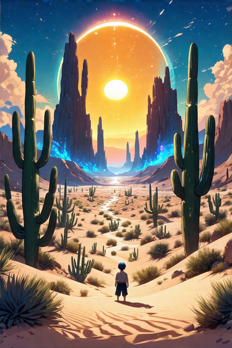 In a breathtakingly vibrant anime style masterpiece,  a majestic mirage rises from the arid desert landscape. A shimmering...