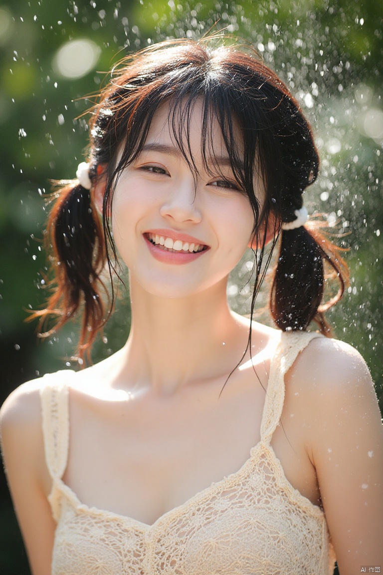 huasa,IMG_1045,HEIC of a photo,Photoshoot,Ultra-realistic, 8k,CG,highres,masterpiece,best quality,(photorealistic:1.4),,RAW photo,lens flare,(film grain:1.1),Bokeh,The composition follows the rule of thirds,  The overall lighting is bright and natural, 
A young woman with long, dark hair in pigtails, smiling broadly,Close your eyes, with water droplets and splashes around her.  She wears a light, cream-colored, crochet-style crop top.  The top's delicate weave is visible, with a slightly patterned design.  Natural sunlight illuminates her, emphasizing her skin tone, and creating a cheerful and vibrant atmosphere.  The background is soft-focused greenery and blurred out, providing a natural, outdoor setting.  The perspective is a slightly low-angle, centered on the subject, creating a photogenic, summery mood.  The lighting is bright and warm, with light highlights on her face.  The texture of the hair is dark and smooth, the top's texture is lacy, and water droplets on the hair and top add a refreshing, natural touch.  The woman possesses a joyful expression and appears happy.  The overall style is casual, with a playful, contemporary aesthetic.  The image evokes a carefree summer day outdoors.  Candid portrait.





