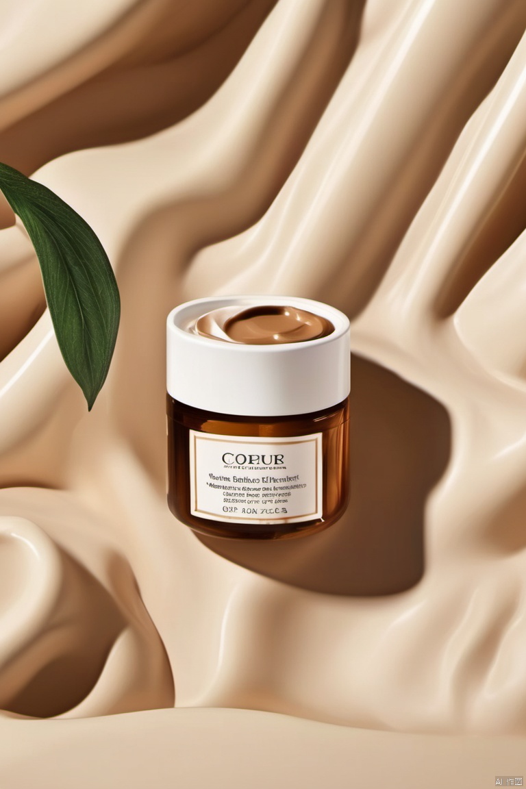 This photo shows a kind of skin care product floating on the background of undulating face cream,which reminds people of the environment of face cream. The color of skin care products is either light brown or beige. The whole scene creates a sense of tranquility and simplicity. Skin care products occupy the central stage in the background of natural face cream.,
