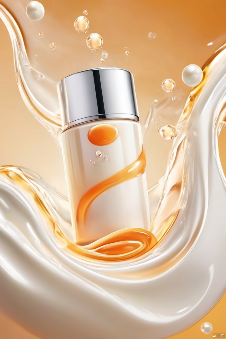 white milk,white liquid,water,blur,still life,shiny,white elastic,simple background,orange theme,masterpiece,high quality,moist,smooth,yoga texture,around the Bottle is a layer of flowing white liquid,elevation view,Ingredients in Face Cream,transparent water molecule,(transparent:1.5),
