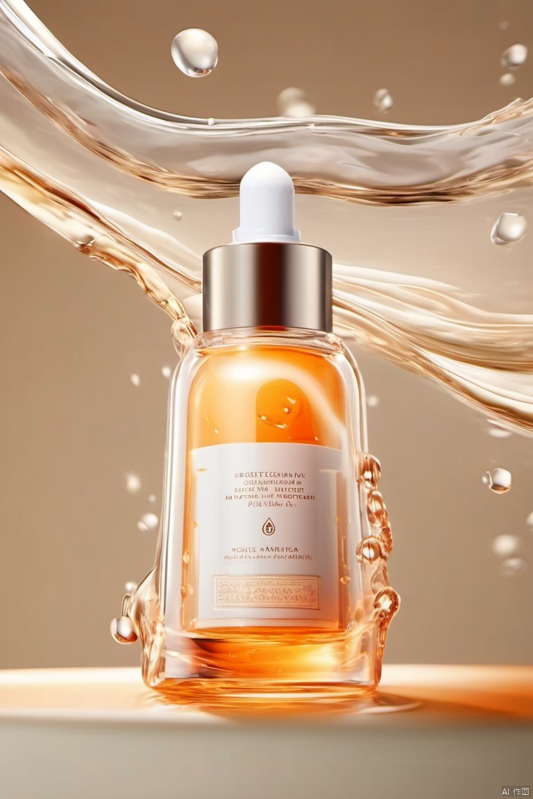 water, blur, still life, glossy, white elastic, simple background, orange theme, masterpiece, high quality, moisturizing, smooth, yoga texture, the bottle is surrounded by a layer of flowing white liquid, elevation view, ingredients in face cream, transparent water molecules , (Transparency: 1.5),