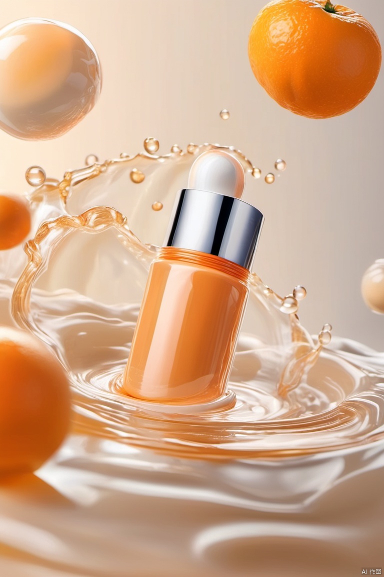 water, blur, still life, glossy, white elastic, simple background, orange theme, masterpiece, high quality, moisturizing, smooth, yoga texture, the bottle is surrounded by a layer of flowing white liquid, elevation view, ingredients in face cream, transparent water molecules , (Transparency: 1.5),