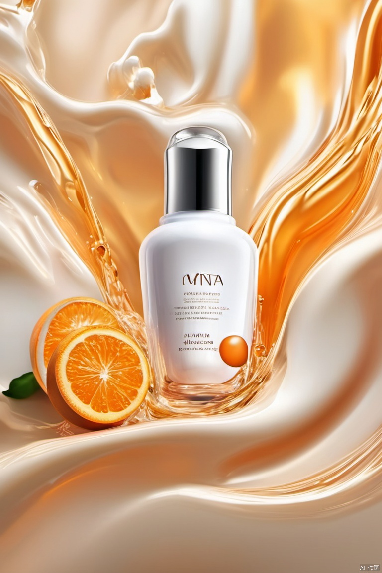 water, blur, still life, glossy, white elastic, simple background, orange theme, masterpiece, high quality, moisturizing, smooth, yoga texture, the bottle is surrounded by a layer of flowing white liquid, elevation view, ingredients in face cream, transparent water molecules , (Transparency: 1.5),