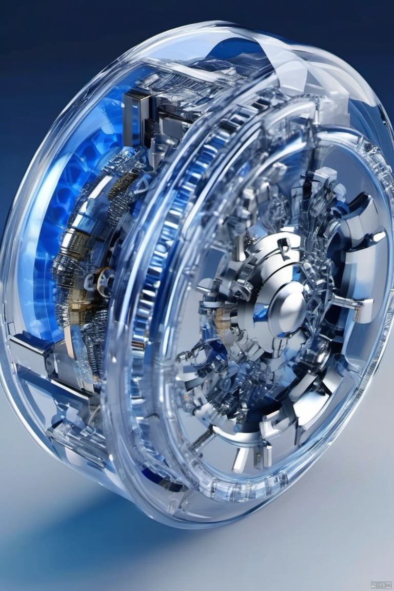  e-commerce products This image presents a high-tech transparent cylindrical mechanical device with a complex internal structure including metal gears bearings and other components presented in blue tones highlighting a sense of technology. The background is deep blue forming a sharp contrast with the subject highlighting the delicacy and mystery of the mechanical device. The overall design is impressive and full of futuristic feel