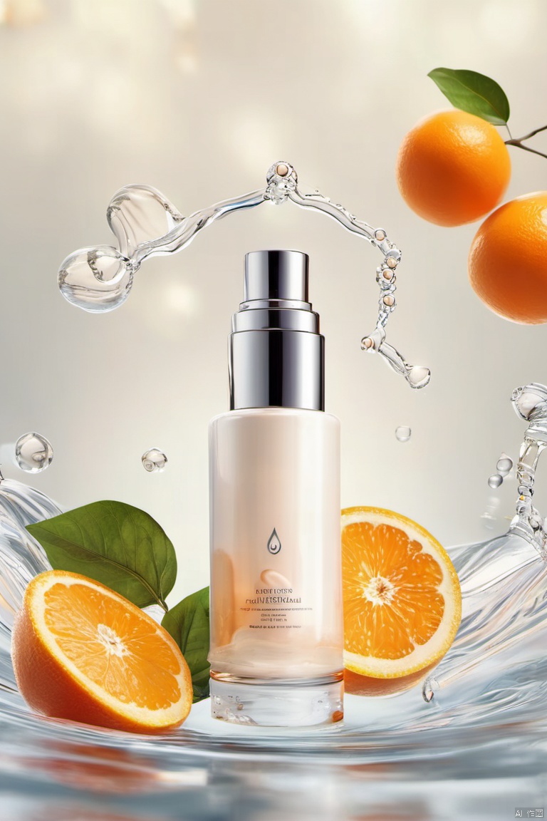 water, blur, still life, glossy, white elastic, simple background, orange theme, masterpiece, high quality, moisturizing, smooth, yoga texture, the bottle is surrounded by a layer of flowing white liquid, elevation view, ingredients in face cream, transparent water molecules , (Transparency: 1.5),