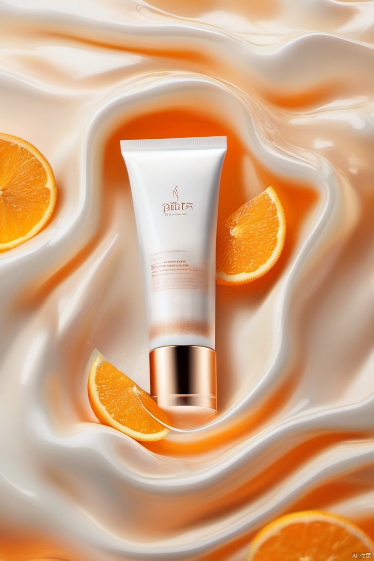 water, blur, still life, glossy, white elastic, simple background, orange theme, masterpiece, high quality, moisturizing, smooth, yoga texture, the bottle is surrounded by a layer of flowing white liquid, elevation view, ingredients in face cream, transparent water molecules , (Transparency: 1.5),