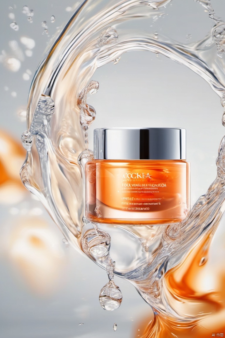 water, blur, still life, glossy, white elastic, simple background, orange theme, masterpiece, high quality, moisturizing, smooth, yoga texture, the bottle is surrounded by a layer of flowing white liquid, elevation view, ingredients in face cream, transparent water molecules , (Transparency: 1.5),