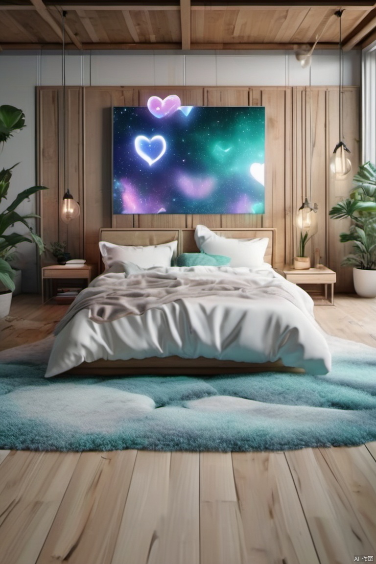  Holographic projection, a 3D rendering of a bed is displayed on the wooden floor. The bed is decorated with white blankets and pillows, and a wooden headboard. To the right of the bed is a white vase with a green plant inside, adding a touch of color to the scene. There are suspended molecular structures in the air, and the wall behind the bed is a vibrant blue with a heart-shaped design in the middle flanked by a series of bubbles. The bubbles are arranged in a way that creates a star-shaped pattern, adding depth to the composition. There is a small window on the left side of the frame which adds to the overall composition of the image.