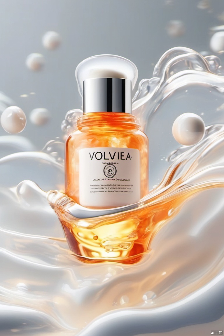 water, blur, still life, glossy, white elastic, simple background, orange theme, masterpiece, high quality, moisturizing, smooth, yoga texture, the bottle is surrounded by a layer of flowing white liquid, elevation view, ingredients in face cream, transparent water molecules , (Transparency: 1.5),