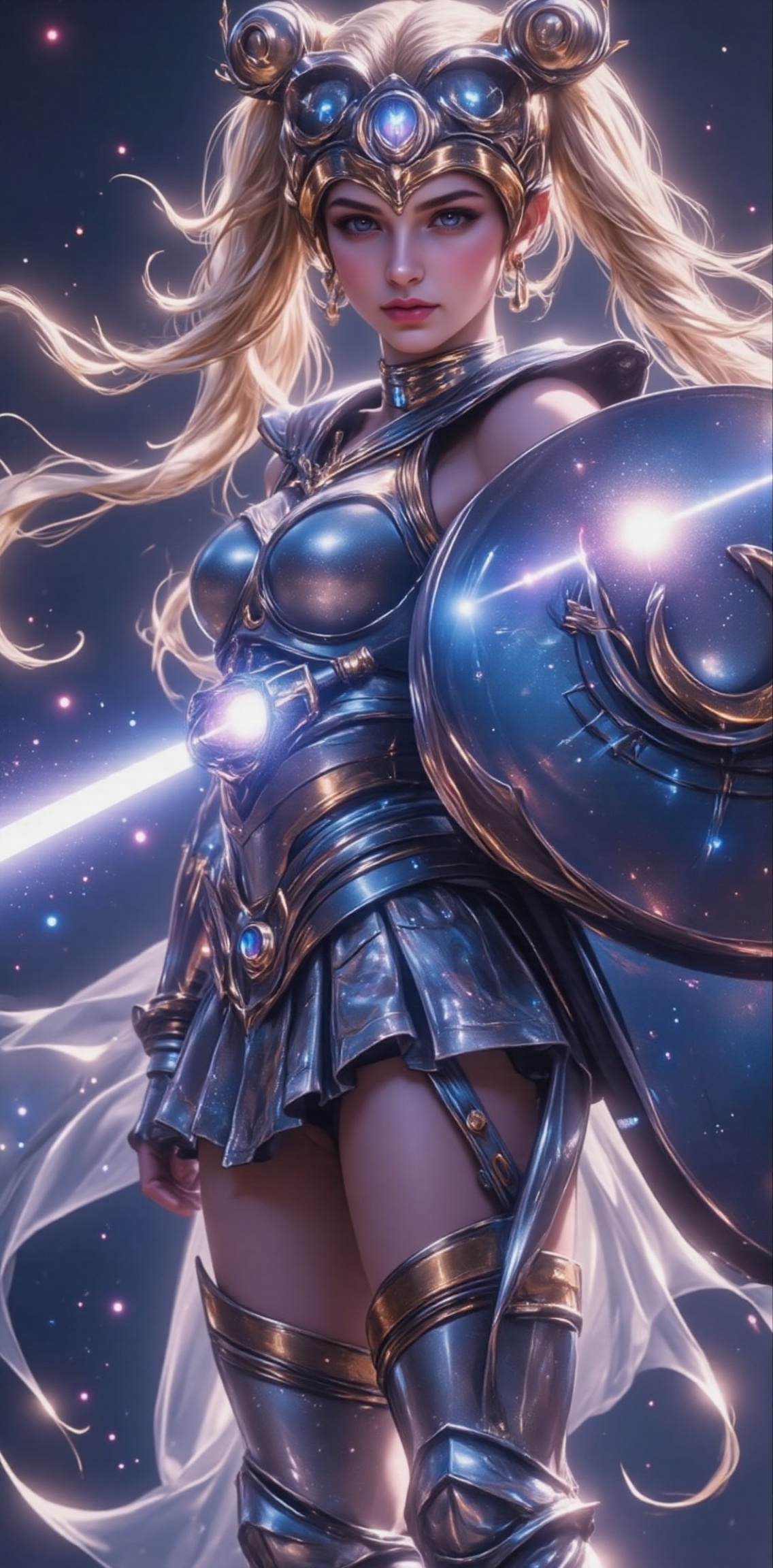 A reimagining of Sailor Moon as a fierce gladiator in ancient Rome. She wears shimmering silver armor inspired by her celestial origins, a crescent moon emblazoned on her shield. With a radiant sword glowing like moonlight, she stands bravely in the arena, her helmet adorned with intricate Roman patterns. The crowd roars as she faces a fearsome murmillo opponent, embodying courage and honor in the fight for glory.

( sailormoon style, sailormoon costume, anime style, manhwa style, anime detailers, dynamic poses, dynamic light and shadow, blonde hair, hair tied in two, anime, manhwa, manga, cute, sailor moon cosplay, 6K, bright colour, (( Ultra sharp focus, pure perfection, ((64k:1.37 )), more detail XL, )), enhanced all, detailed skin, high_resolution isometric, trending on artstation )
.
( simmering, sparkling, splendid, ultra-detailed, 4K, depth of field, high resolution, (( Masterpiece, best quality )), sharp focus, highly detailed, ultra high resolution, perfect fingers, ) .