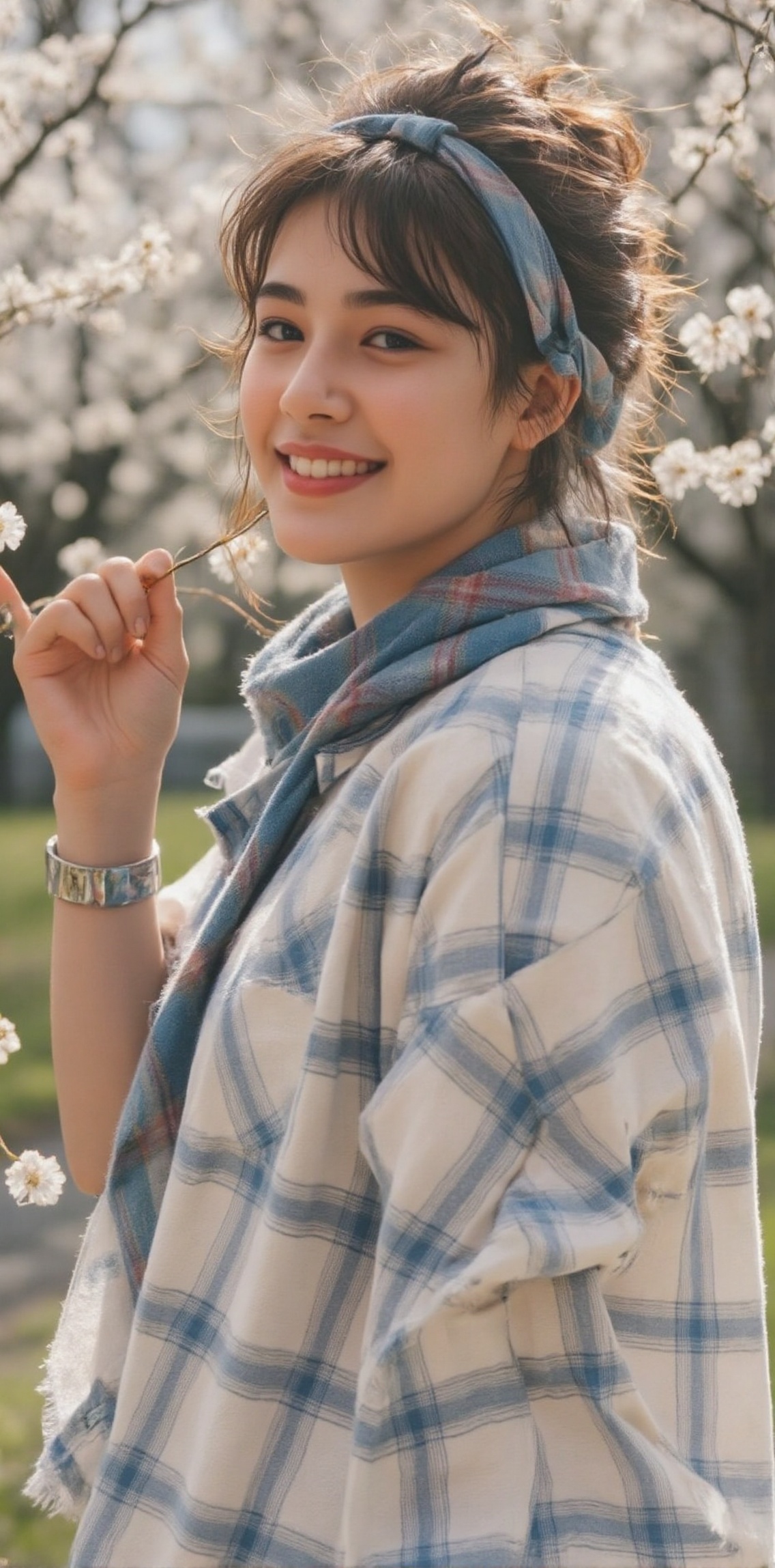 a young Asian woman with long brown hair, wearing a white and blue plaid shirt, is smiling and giving a pose to the camera. She is wearing a silver bracelet on her left wrist, adding a touch of charm to her outfit. The woman's hair is pulled back in a ponytail, and she's wearing a blue and white plaid scarf on her head. The background is blurred, suggesting a peaceful, sunny day.