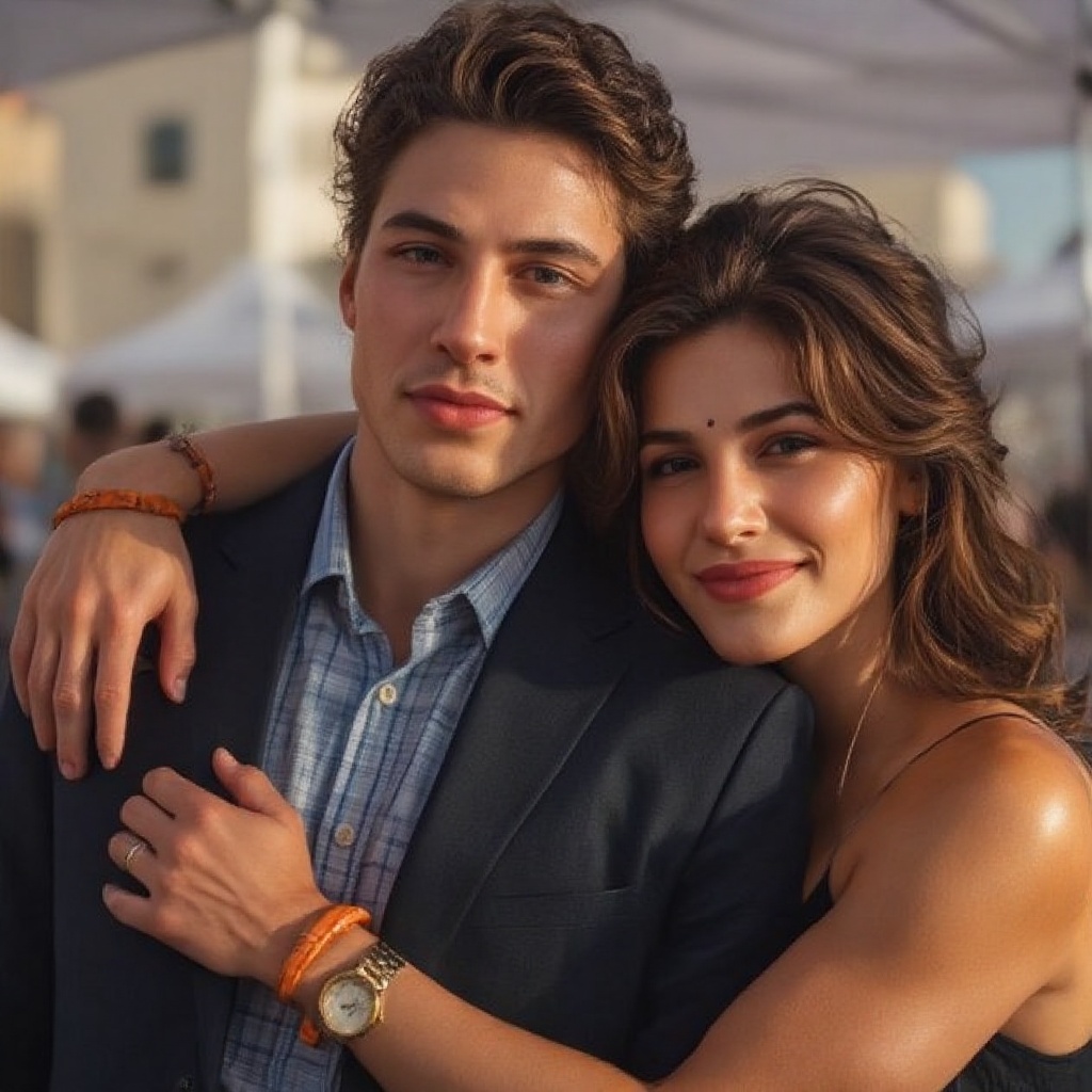 Captured at eye-level on a sunny day, a man and woman are cuddled together, their arms wrapped around each other. The man is wearing a blue and white checkered shirt, a black blazer, and a gold watch on his left wrist. The woman is dressed in a black dress, with long brown hair, and she is wearing an orange bracelet on her left arm. She is smiling, and her left hand is resting on the man's shoulder. The background is blurred, with a building in the distance.