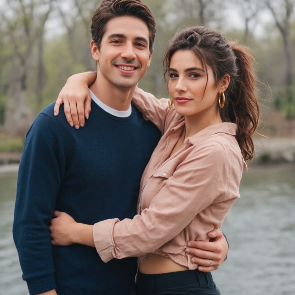 Captured at eye-level, a man and a woman are embracing each other, their arms wrapped around each other. The man, dressed in a navy blue long-sleeved shirt, is smiling at the camera. The woman, wearing a light pink shirt and black shorts, is adorned with a large gold hoop earring. She has long dark brown hair, and her hair is pulled back in a ponytail, adding a pop of color to the scene. The background is blurred, suggesting a natural setting.