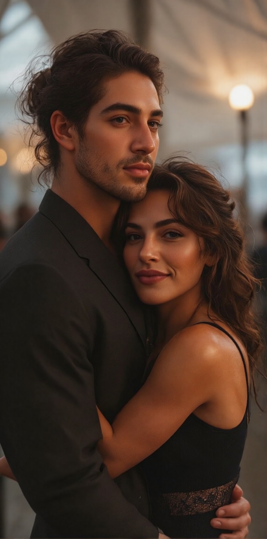 a man and a woman are cuddling each other, their arms wrapped around each other. The man, dressed in a black button-down shirt, is adorned with a black tie. His hair is pulled back in a bun, adding a touch of texture to the scene. The woman, wearing a black sleeveless dress, is smiling, her hair cascading down to her shoulders. The backdrop, blurred, creates a stark contrast to the man and woman.