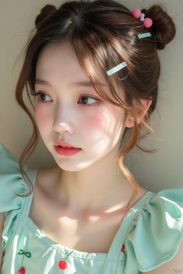 youtai,IMG_1045,HEIC of a photo,Photoshoot,Ultra-realistic, 8k,CG,highres,masterpiece,best quality,(photorealistic:1.4),,RAW photo,lens flare,(film grain:1.1),Bokeh,The composition follows the rule of thirds,  The overall lighting is bright and natural, Childish face, round face,
Close-up portrait of a young woman with light brown, wavy hair styled in loose buns.  Delicate, light-blue hair clips adorn her forehead.  Soft, rosy blush and light peach eyeshadow accentuate her features.  Large, light-blue contacts enhance her eyes.  Her expression is contemplative, slightly pensive.  She's wearing a light teal, sleeveless top with light-blue ribbons and small, red cherry decorations.  The light is soft and diffused, casting no harsh shadows.  The background is a neutral, light beige wall, subtly visible behind her.  The overall style is delicate, cute, and slightly stylized, bordering on kawaii.  The image's mood is sweet and serene.  Color palette is pastel-toned with subtle, muted highlights.







