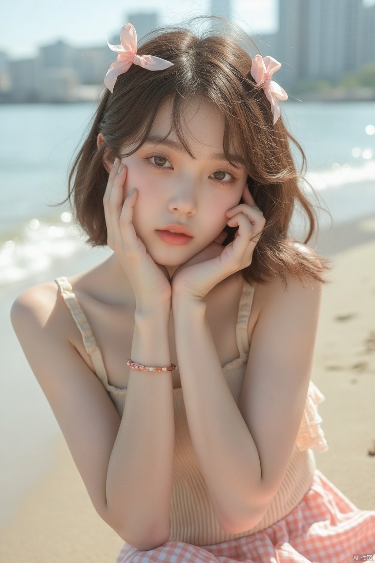 youtai,IMG_1045,HEIC of a photo,Photoshoot,Ultra-realistic, 8k,CG,highres,masterpiece,best quality,(photorealistic:1.4),,RAW photo,lens flare,(film grain:1.1),Bokeh,The composition follows the rule of thirds,  The overall lighting is bright and natural, Childish face,
Young woman posing on a beach, soft aesthetic,  light-skinned girl with short, brown hair, wearing delicate pink ribbon hair clips.  Delicate, light beige and pink gingham mini-skirt, pastel-colored, frilled light cream-colored tube top.  Hands placed softly on cheeks, showing a touch of dirt or sand.  Pale, smooth skin, light pink lips,  casual expression.  Ocean waves visible in the background.  Pastel colors,  neutral tones, soft lighting, creating a peaceful and airy atmosphere.  Beach sand, light brown, gently textured; ocean water, a muted gray-blue.  City skyline visible in the distance in the background.  Casual, summery, and carefree mood.  Natural light, soft focus.  Close-up, slightly low-angle shot, emphasizing the subject.  Photorealistic style.








