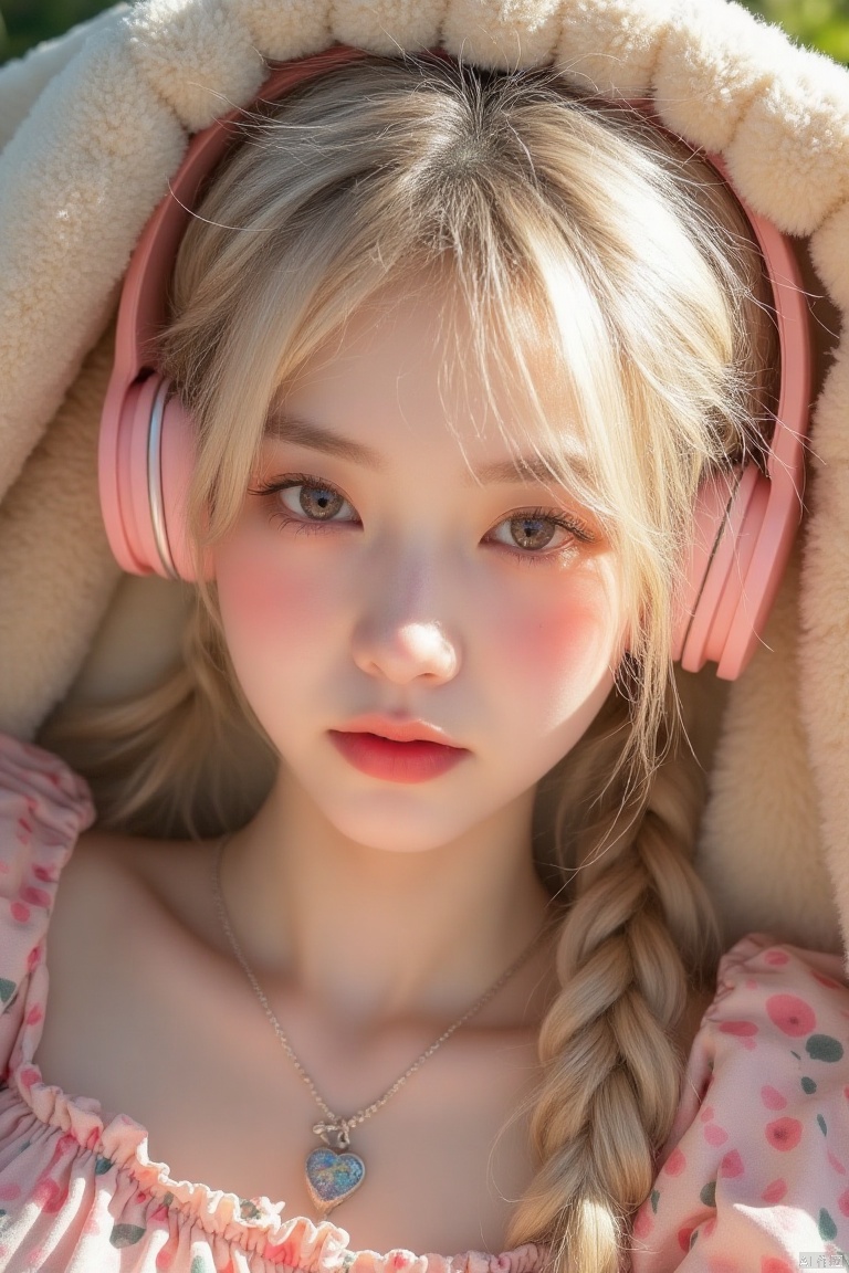 youtai,IMG_1045,HEIC of a photo,Photoshoot,Ultra-realistic, 8k,CG,highres,masterpiece,best quality,(photorealistic:1.4),,RAW photo,lens flare,(film grain:1.1),Bokeh,The composition follows the rule of thirds,  The overall lighting is bright and natural, 
Close-up portrait of a young woman with light blonde braided pigtails.  Subtle blush on cheeks, soft pink lipstick, and light eyeshadow.  Soft, natural lighting accentuates her features.  She is wearing a pink-and-white floral dress with ruffled neckline.  A simple silver heart-shaped pendant hangs from a chain around her neck.  Pink headphones sit comfortably on her head.  A light beige/tan fleece-like blanket or throw is draped behind and partially around her shoulders.  The composition is a slightly low-angle, focused on the subject's upper body, with a subtle bokeh effect in the background.  The overall impression is soft, delicate, and slightly dreamy, with a  pastel-aesthetic style.




