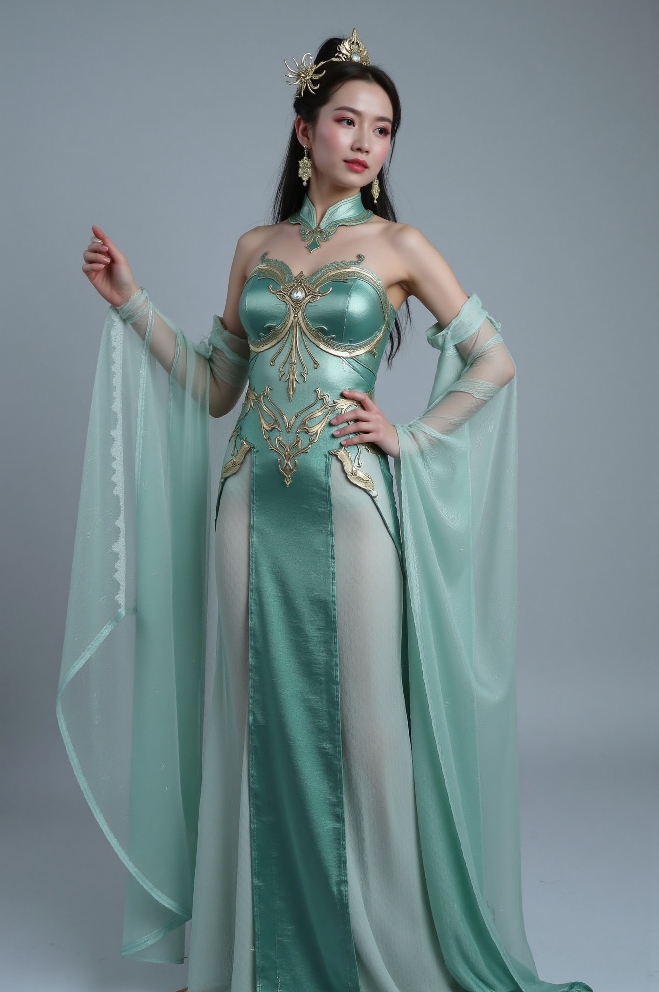 Against a serene,  gradient-gray background,  a resplendent Chinese beauty from ancient times poses with poise. Her Wuxia-...
