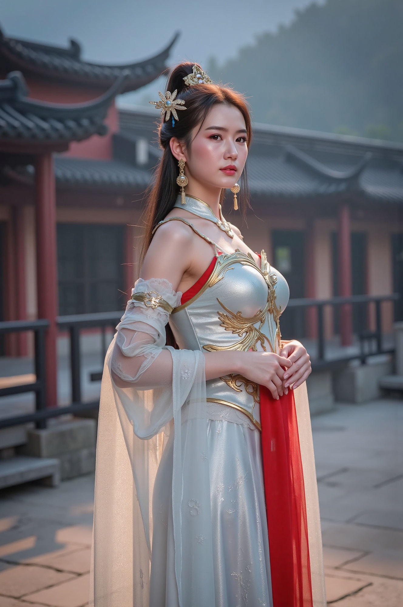 A mystical Chinese beauty stands poised against an ancient Chinese town,  bathed in soft luminescence. Her two-tone white-...