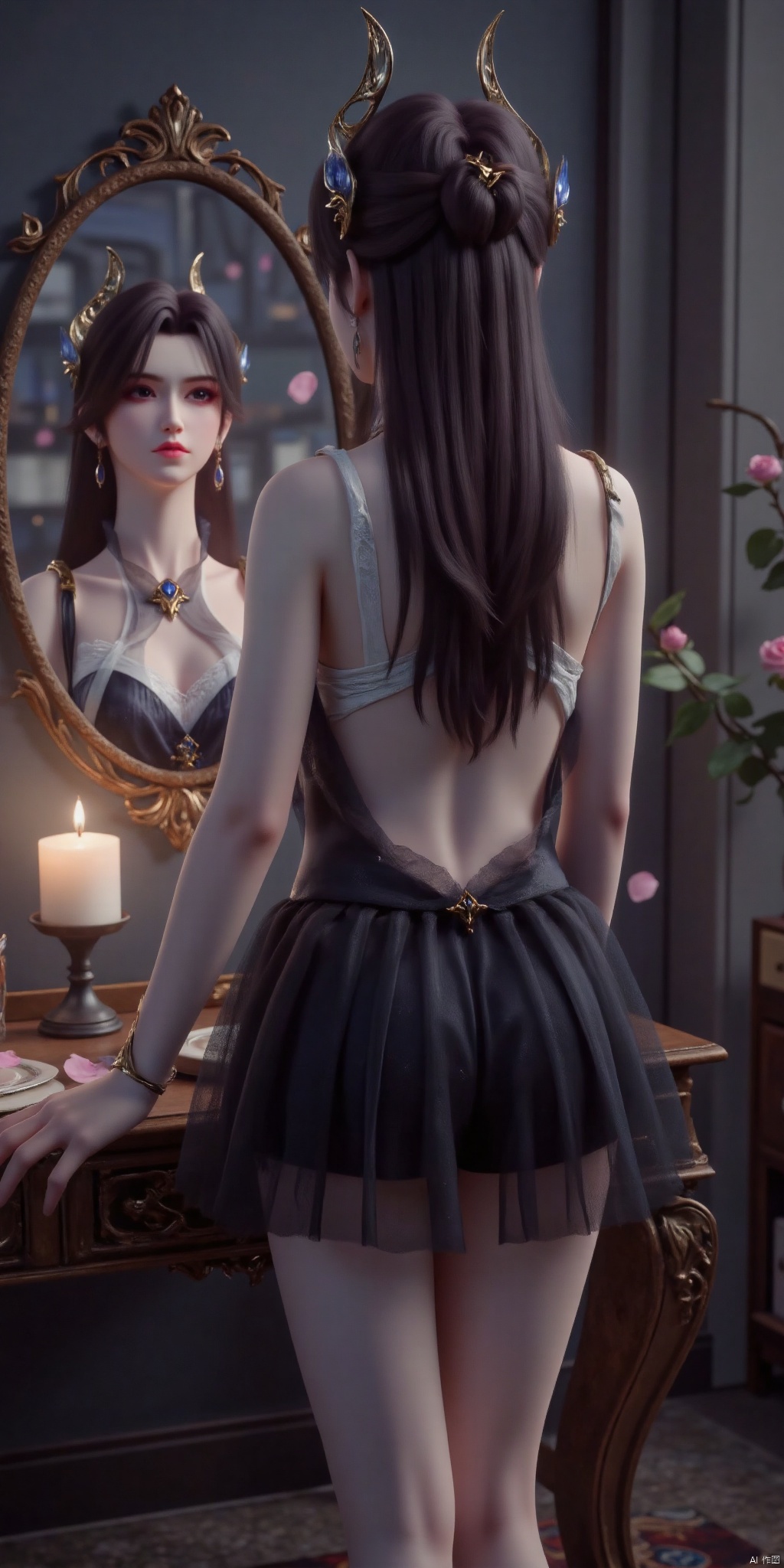 8K image, 1 girl, half, hair accessories, long hair, floating hair, headdress, black hair, mirror, candle, petals, branches, backless, flower decoration, black transparent tulle skirt, standing, hand table, side face, mirror, legs, cut clothes, standing posture, night, bedroom, now stand in front of the mirror