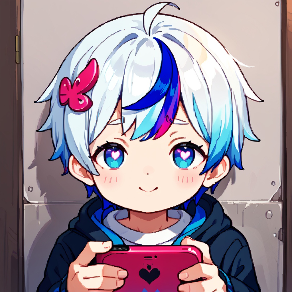 A virtual YouTuber boy with a sweet,  blush-filled face. Hes a short,  pixel art male student sporting bangs and a hair or...