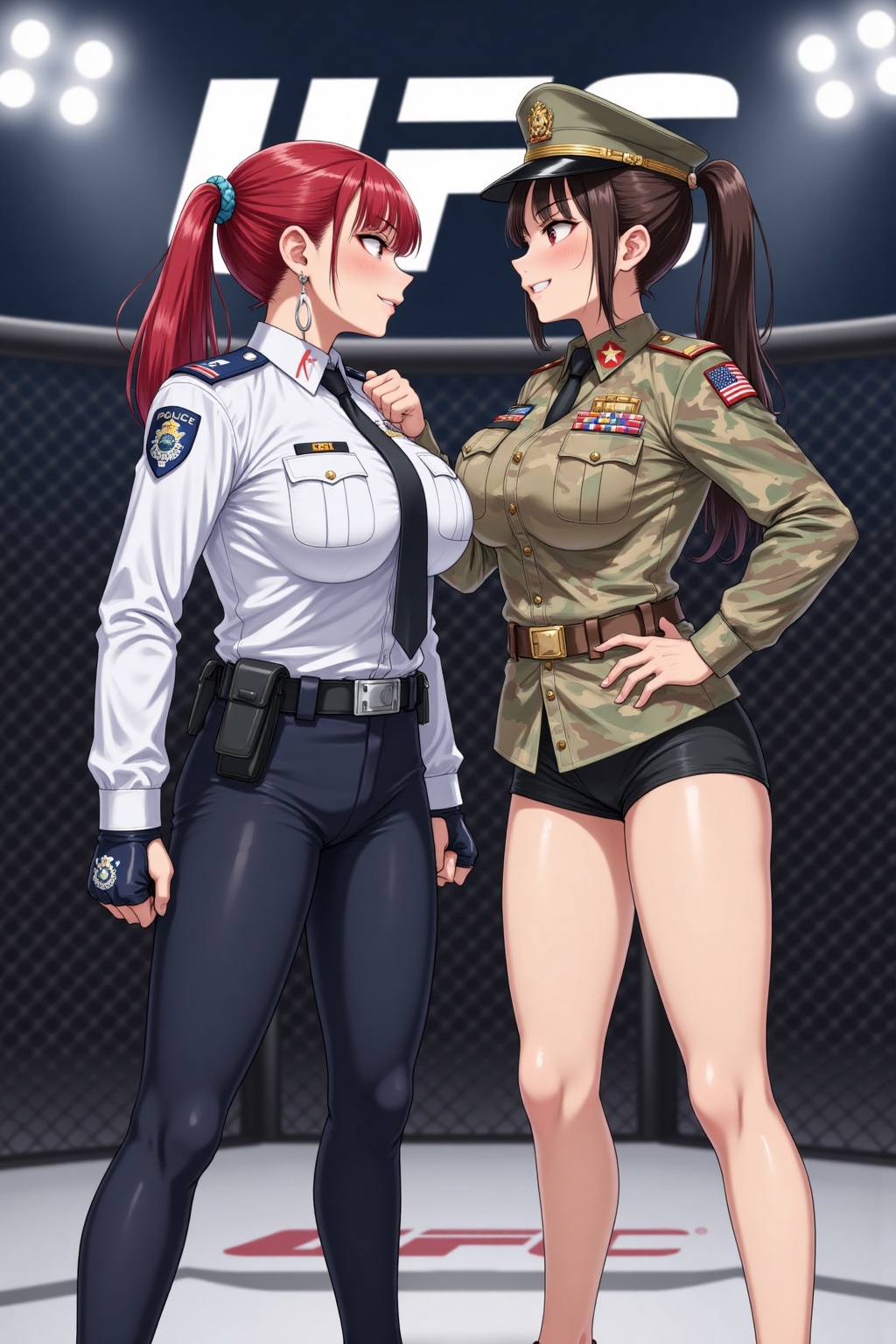 versus pose,  This is a digital anime-style illustration featuring two young women in a versus pose. The woman on the left...