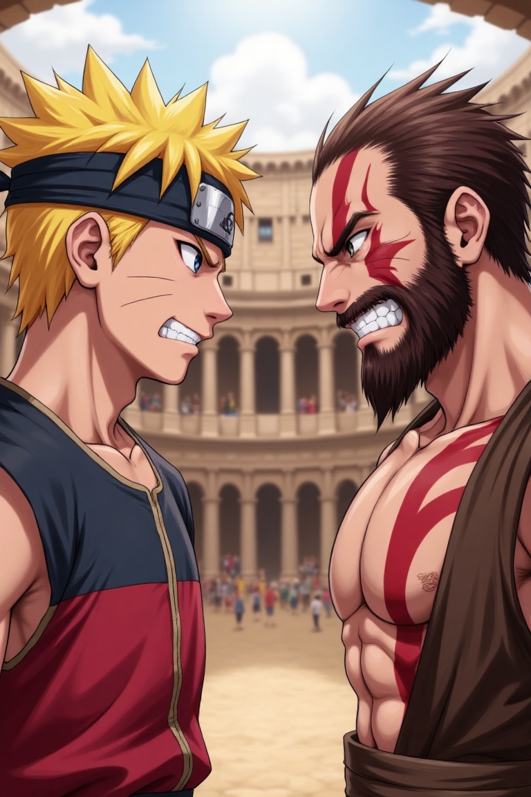 versus pose,  This is a digital anime-style illustration featuring a naruto and kratos god of war in a versus pose. They a...