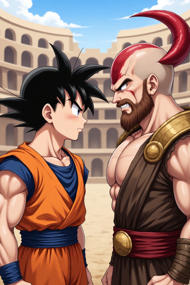 versus pose,  This is a digital anime-style illustration featuring a son goku and kratos god of war in a versus pose. They...