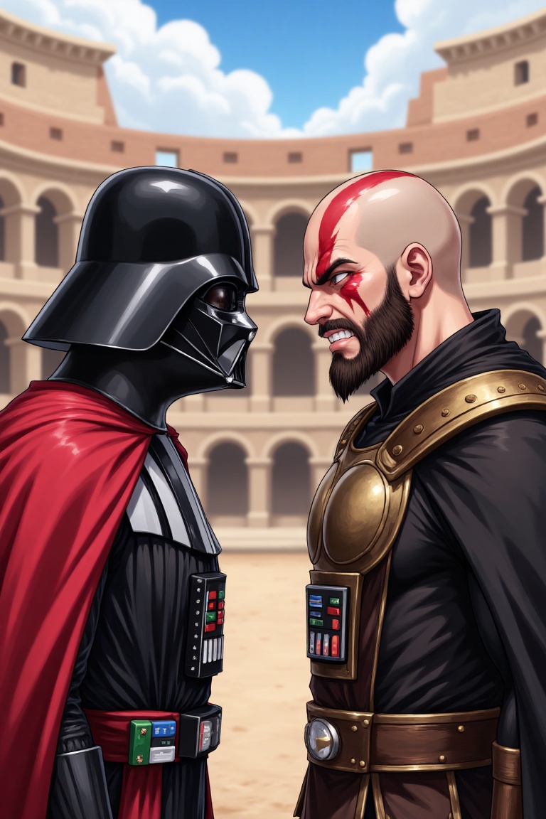 versus pose,  This is a digital anime-style illustration featuring a Darth Vader and kratos god of war in a versus pose. T...