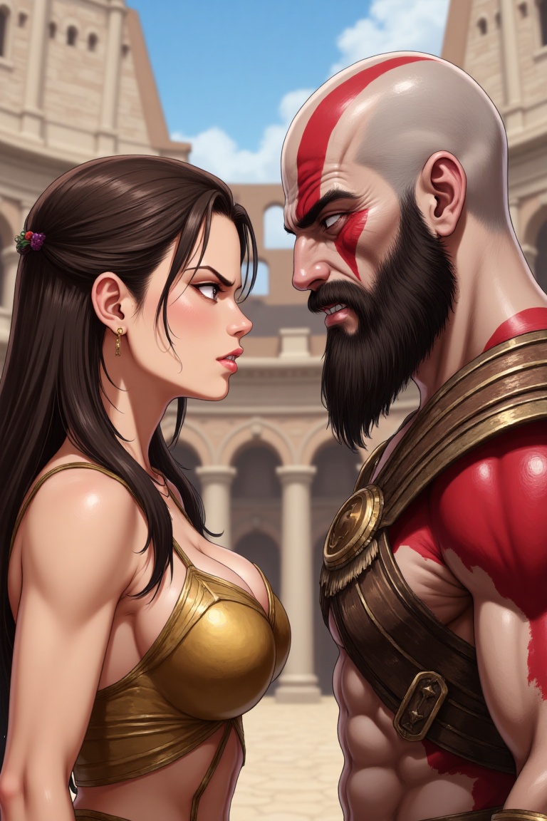 versus pose,  This is a digital anime-style illustration featuring a angelina jolie and kratos god of war in a versus pose...