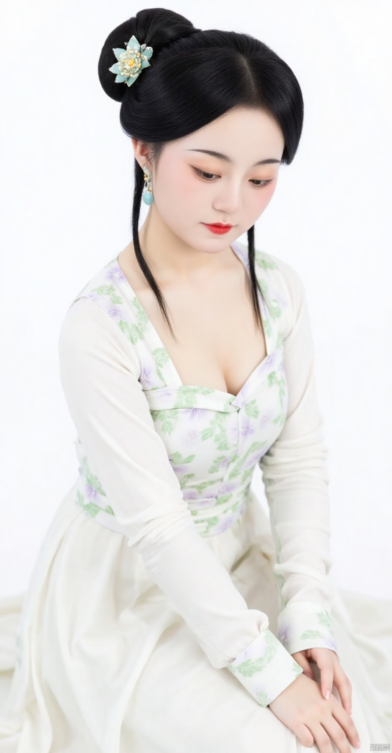 ourneneoof,,1girl,solo,breasts,black hair,hair ornament,long sleeves,dress,cleavage,medium breasts,sitting,closed mouth,closed eyes,flower,earrings,hair flower,hair bun,white dress,makeup,chinese clothes,floral print,