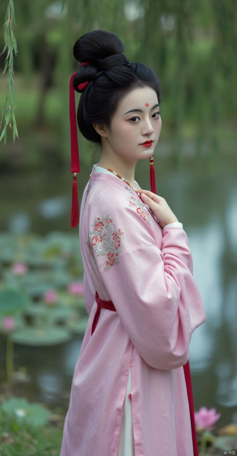 ourneneoof,(person in pink hanfu, intricate embroidery, red tassels, hair with red ribbons, greenery and water, serene setting),(best quality,4k,8k,highres,masterpiece:1.2),ultra-detailed,(realistic,photorealistic,photo-realistic:1.37),beautiful detailed eyes,beautiful detailed lips,extremely detailed eyes and face,long eyelashes,flowing hair,graceful posture,calm expression,traditional Chinese garden,lotus pond,willow trees,soft natural light,peaceful atmosphere,gentle breeze,delicate patterns,rich colors,harmonious composition,ethereal vibe,oriental elegance,water reflections,tranquil waters,floral elements,ancient aesthetics,serene ambiance,vivid colors,bokeh