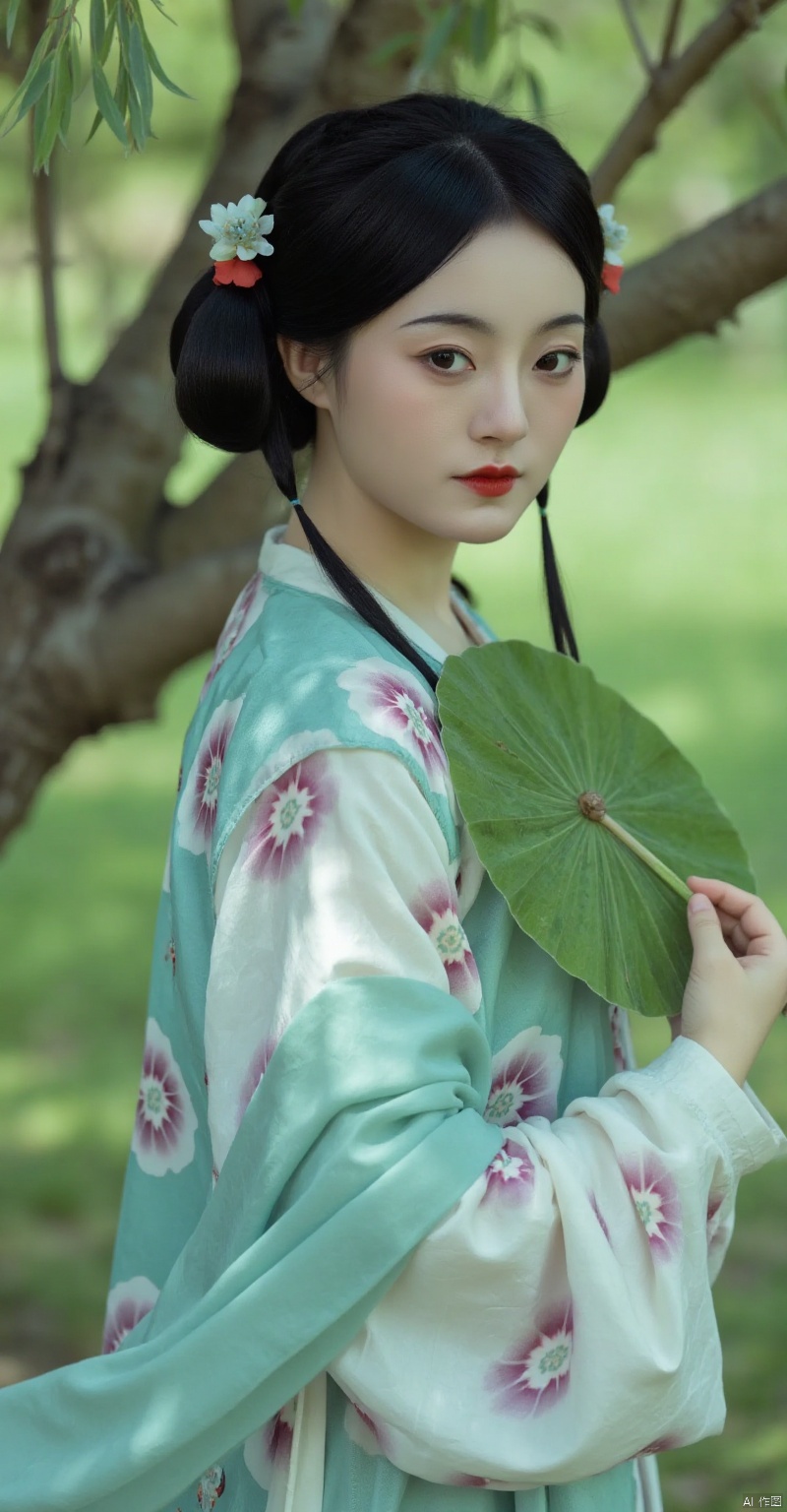 ourneneoof,(person in Chinese outfit,turquoise and white,floral patterns,holding large green lotus leaf,possibly for shade,outdoor setting,beautiful detailed eyes,beautiful detailed lips,extremely detailed eyes and face,long eyelashes,serene expression,flowing traditional clothing,graceful posture,side view,standing under a tree,soft natural light,greenery in background,best quality,4k,8k,highres,masterpiece:1.2,ultra-detailed,realistic,photorealistic,photo-realistic:1.37,HDR,UHD,studio lighting,ultra-fine painting,sharp focus,physically-based rendering,extreme detail description,professional,vivid colors,bokeh,traditional Chinese art,peaceful atmosphere,harmonious colors,delicate details)