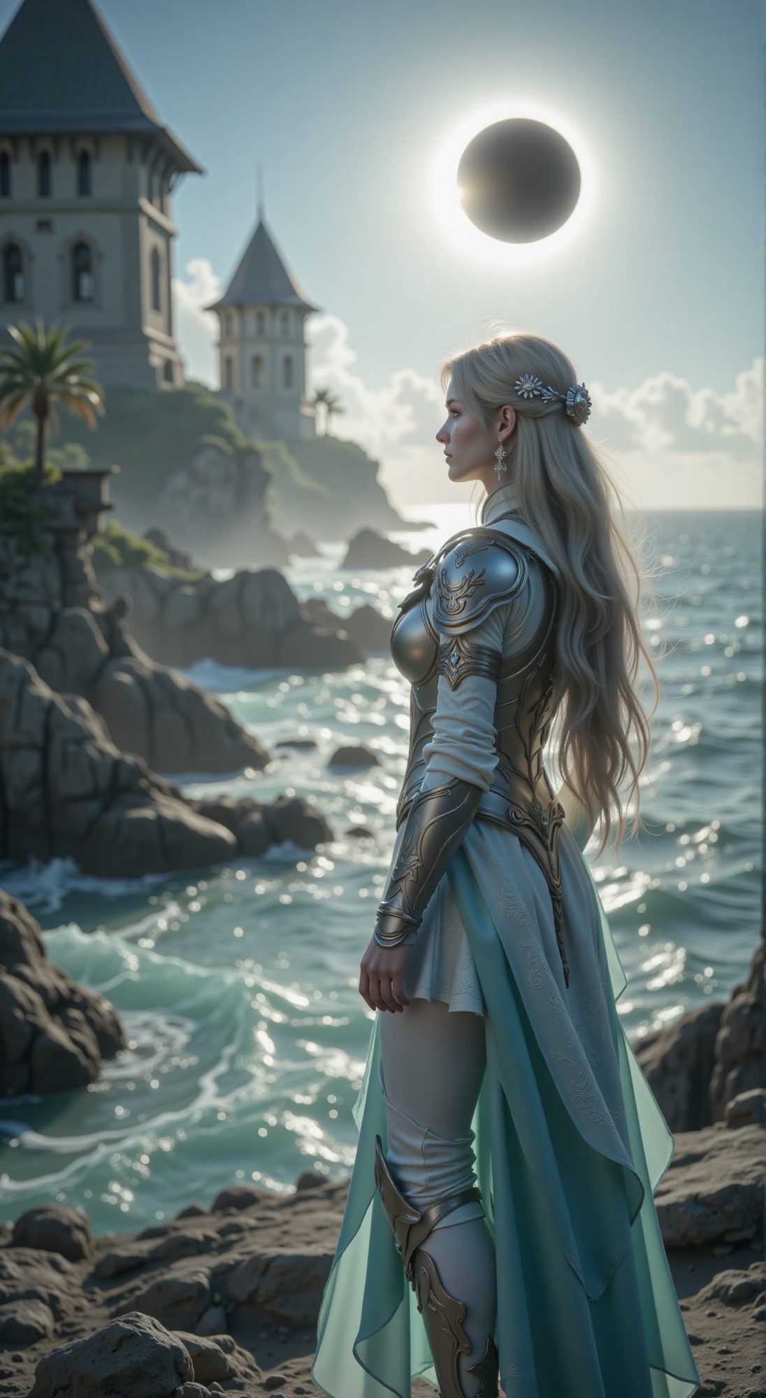 A young woman,  clad in silver armor with intricate cloud patterns and flowing cyan silk trim,  watches a solar eclipse ov...