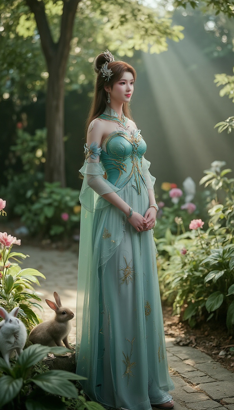 A whimsical Chinese princess surrounded by her adorable bunnies,  amidst a vibrant garden teeming with colorful blooms,  a...