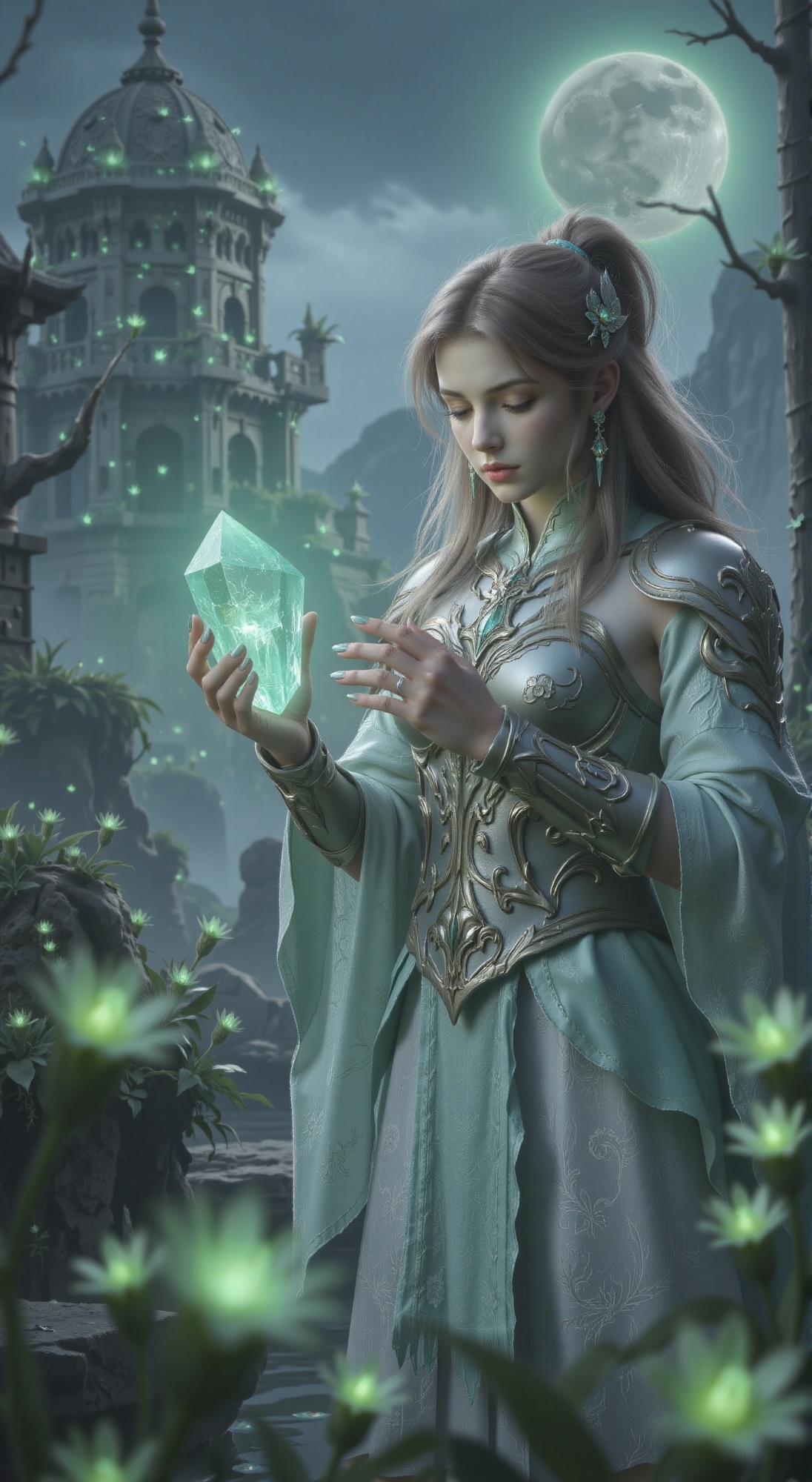 A young woman,  her silver armor with cloud patterns and mint green silk trim catching the faint,  greenish light of a lun...