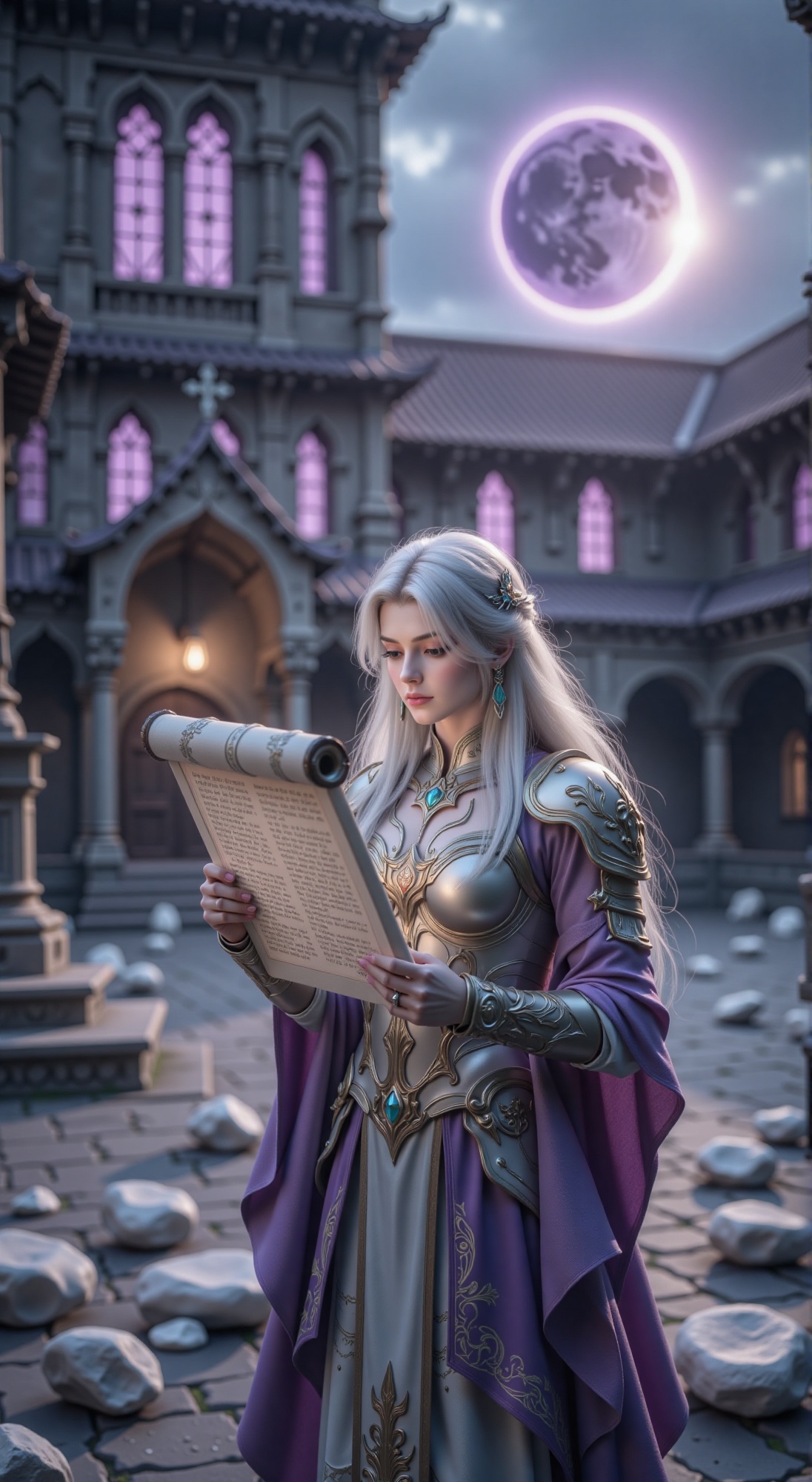 A young woman with long white hair,  her silver armor with cloud patterns and purple silk trim catching the faint,  purple...