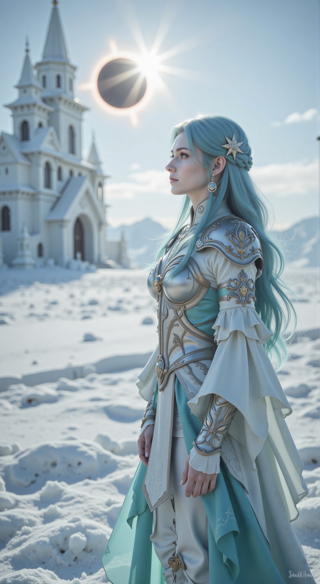 A young woman with striking blue hair,  wearing silver armor with intricate cloud patterns and flowing cyan and white silk...