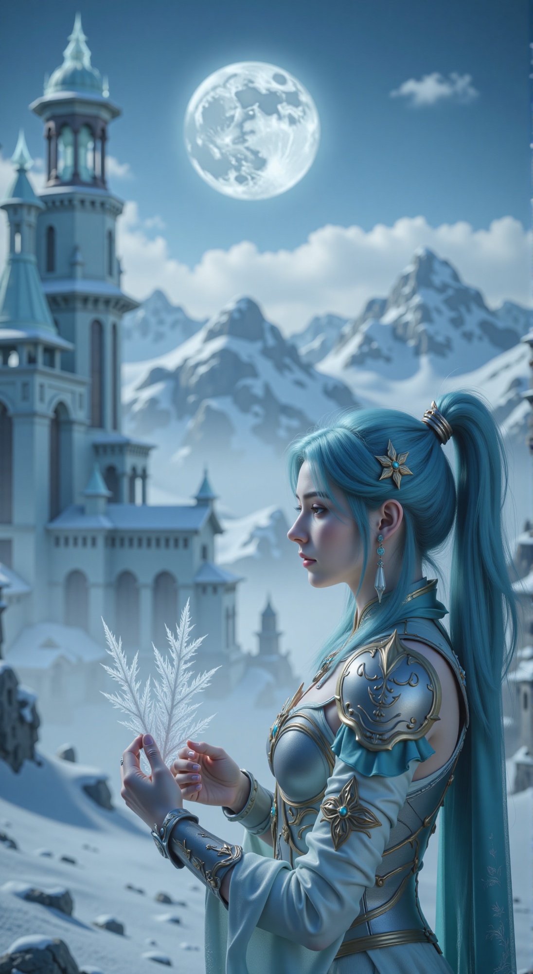 A young woman with striking blue hair,  her silver armor with cloud patterns and cyan and white silk trim reflecting the d...