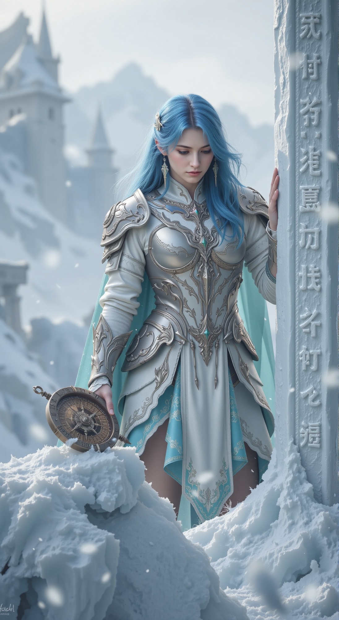 A young woman with striking blue hair,  clad in silver armor adorned with intricate cloud patterns and flowing cyan and wh...