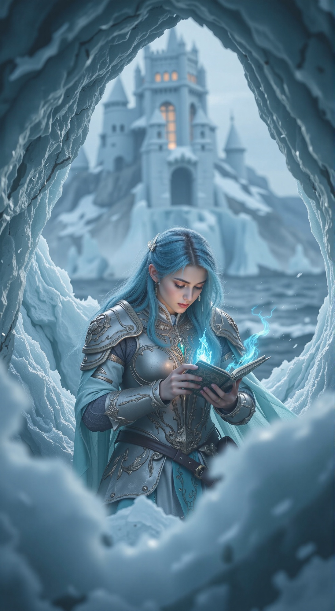 A young woman with striking blue hair,  wearing silver armor with intricate cloud patterns and flowing cyan and white silk...