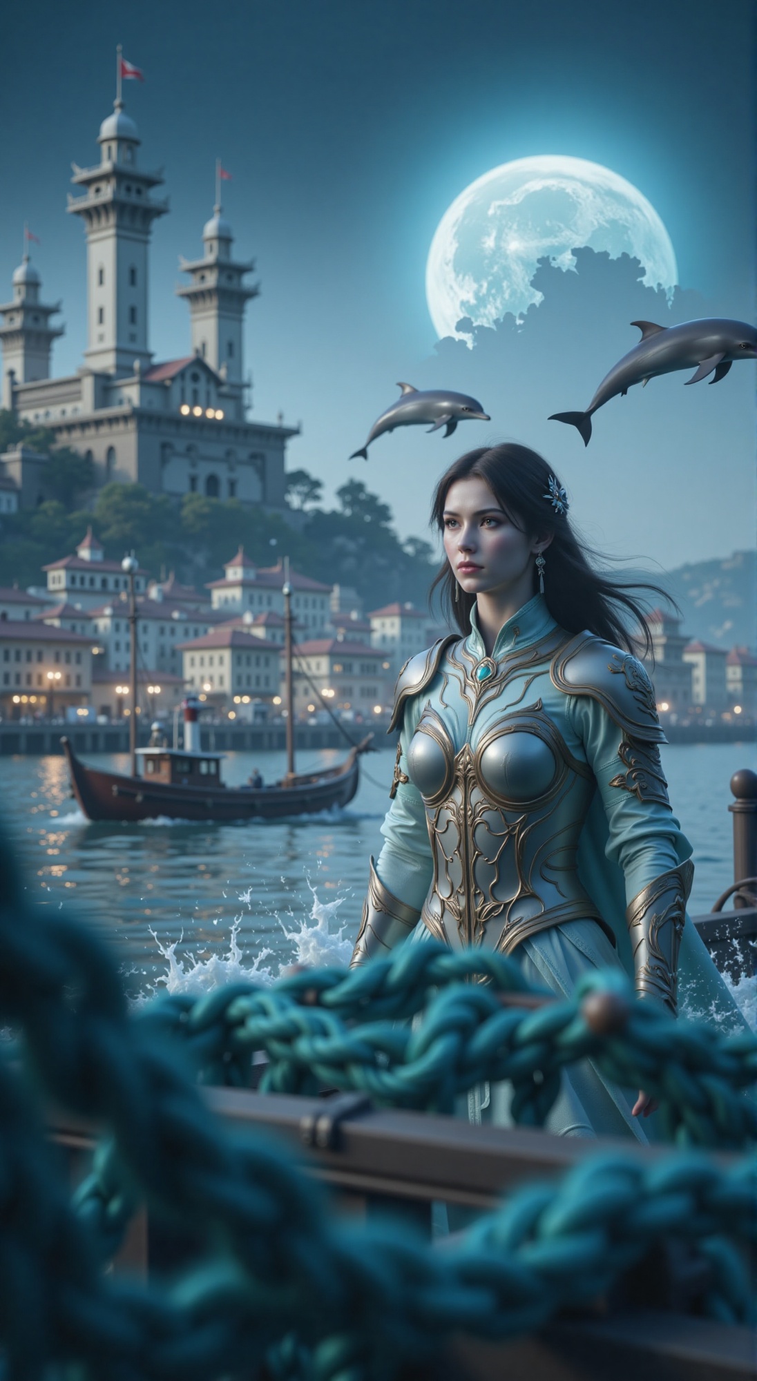 A young woman,  her silver armor with cloud patterns and cyan silk trim catching the faint,  bluish light of a lunar eclip...