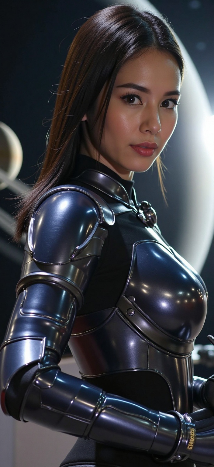 Close-up shot of a stunning space warrior girl clad in sleek,  metallic armor that accentuates her toned physique,  graspi...