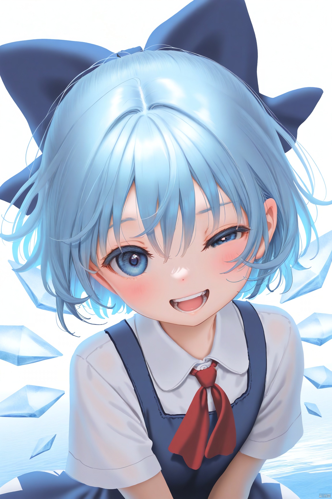 newest, absurdres, highres, sensitive, 1girl, solo, cirno, blue hair, ice, blue eyes, bow, hair bow, ice wings, open mouth, blue bow, upper body, teeth, smile, looking at viewer, white background, white shirt, blush, shirt, short sleeves, dress, blue dress, wings, short hair, simple background, hair between eyes, water, collared shirt, uneven eyes, ascot, red ascot, one eye closed,
artist:mafuyu (chibi21),artist:rurudo,artist:gusha s,artist:hiro (dismaless),artist:wlop,artist:yoneyama mai,artist:mikami mika,artist:murata range
