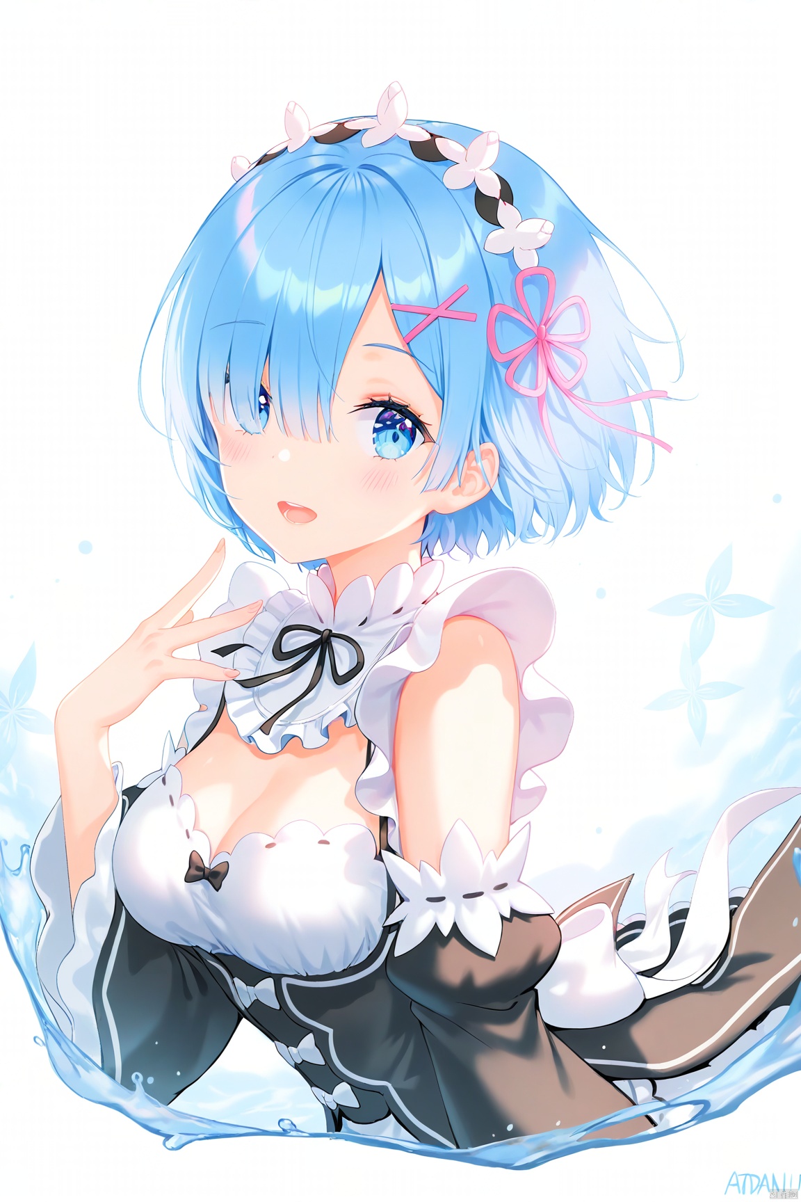 masterpiece,best quality,
Atdan,tokkyu,hiten_(hitenkei),minami_seira,[akira_ituki],[applepie_(12711019)],
1girl,solo,rem (re:zero),blue hair,blue eyes,short hair,roswaal mansion maid uniform,maid,ribbon,hair ornament,blush,open mouth,x hair ornament,looking at viewer,hair ribbon,detached sleeves,breasts,maid headdress,upper body,smile,white background,medium breasts,simple background,red ribbon,hair over one eye,
