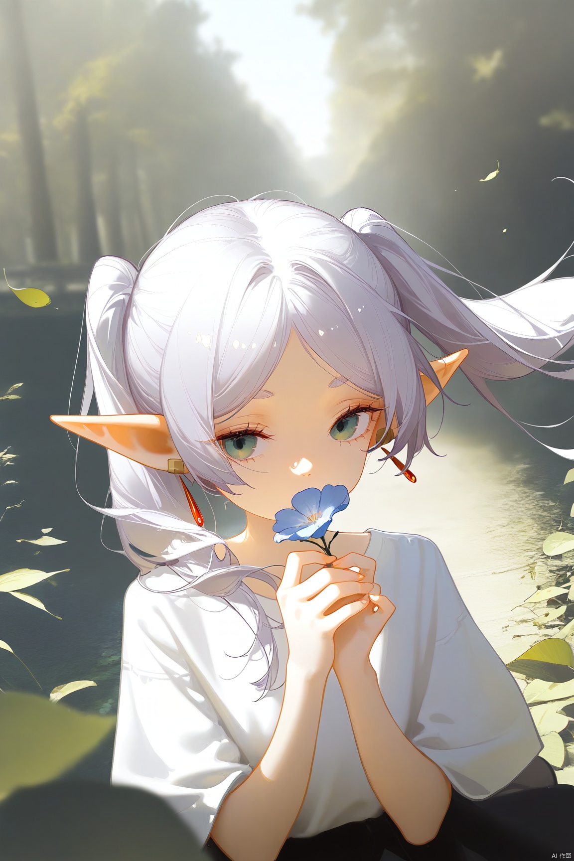 masterpiece,best quality,dino \(dinoartforame\),ask \(askzy\),tianliang duohe fangdongye,chen_bin,perspective,fisheye lens,blurry,photo background,
1girl,solo,sousou no frieren,frieren,earrings,chromatic aberration,messy hair,elf,pointy ears,twintails,white hair,white shirt,fashion,cool girl,pose,holding flower,good hands,
scenery,outdoors,nature,leaf,wind,masterpiece,best quality,
